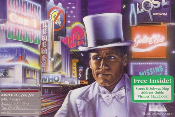 Close-up of part of the original box art for Amnesia, featuring artwork of a confused-looking man in a white tuxedo and top hat amidst bright neon signs.