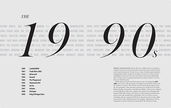 A two-page spread from the interior of 50 Years of Text Games, showing the opening of the overview chapter on the 1990s.