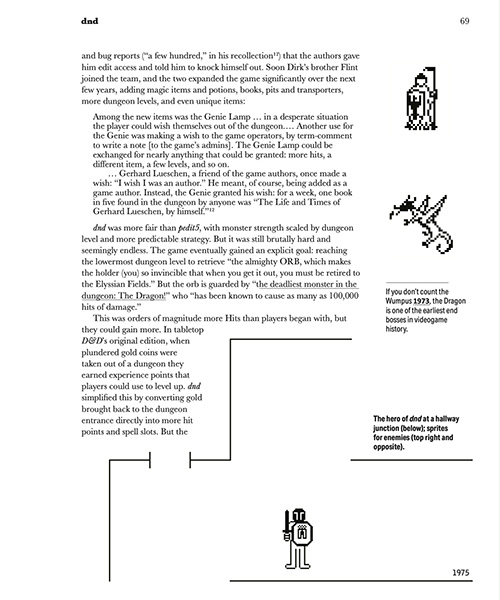 Page from the book's chapter on the 1975 game d n d, showing sprites and a screenshot from this early dungeon-crawling game.