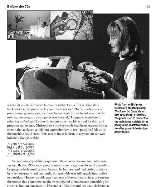 Page detail from the book's chapter 'Before the 70s,' showing a picture of a girl playing the 1963 educational title 'The Sumerian Game' on a teletype.