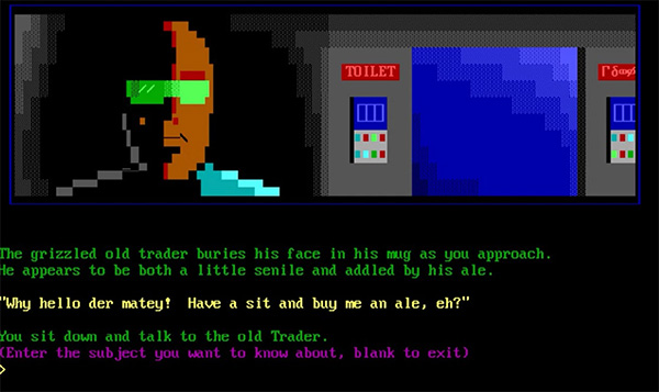 A screenshot from Trade Wars showing an alien wearing green sunglasses rendered in blocky ASCII characters.
